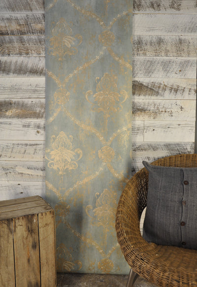 Aqua Blue Gold Weathered Damask Wallpaper