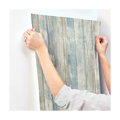 Blue Distressed Barnwood Plank Wood Peel and Stick Wallpaper