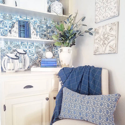 Blue Florentine Medallion Faux Tile Wallpaper