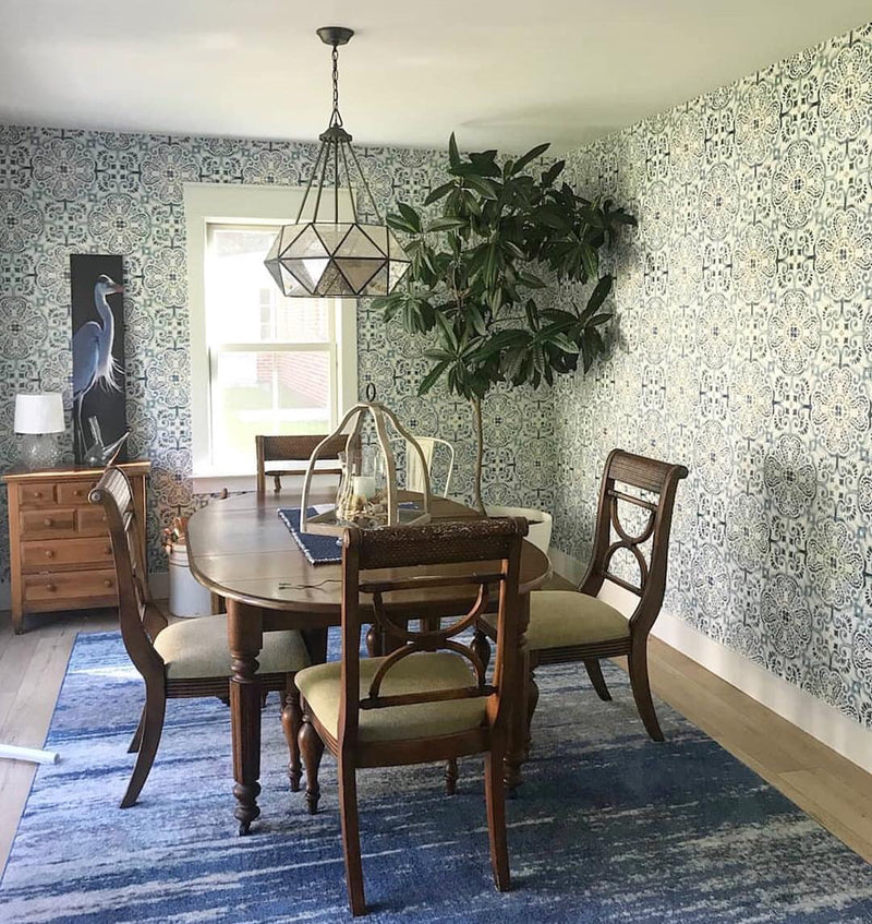 Blue Florentine Medallion Faux Tile Wallpaper