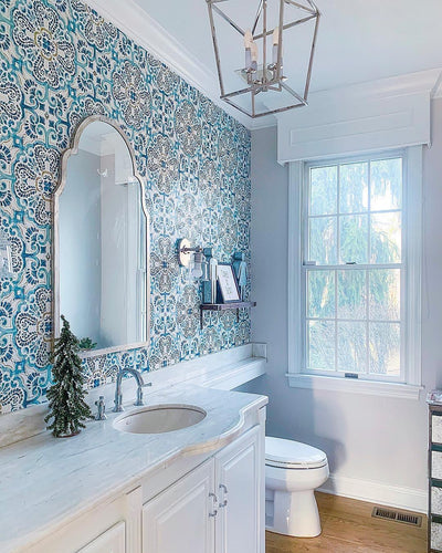 Blue Florentine Medallion Faux Tile Wallpaper
