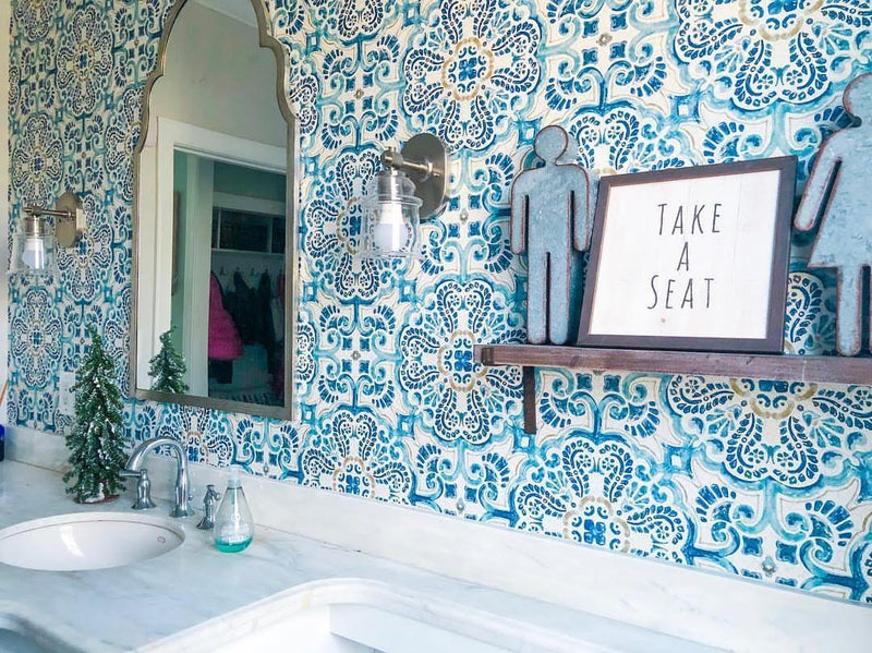 Blue Florentine Medallion Faux Tile Wallpaper