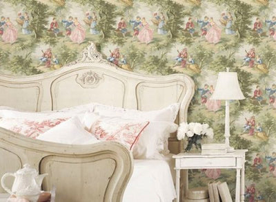Victorian lovers toile blue pink wallpaper GC29834