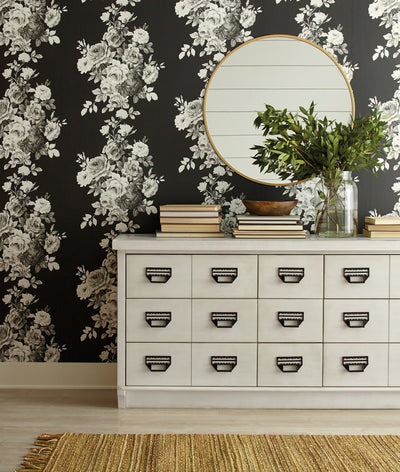 Magnolia Home Tea Rose Black and White Floral Wallpaper