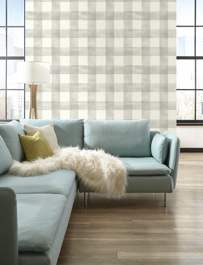 Magnolia Home Watercolor Buffalo Check Gray and White Plaid Wallpaper