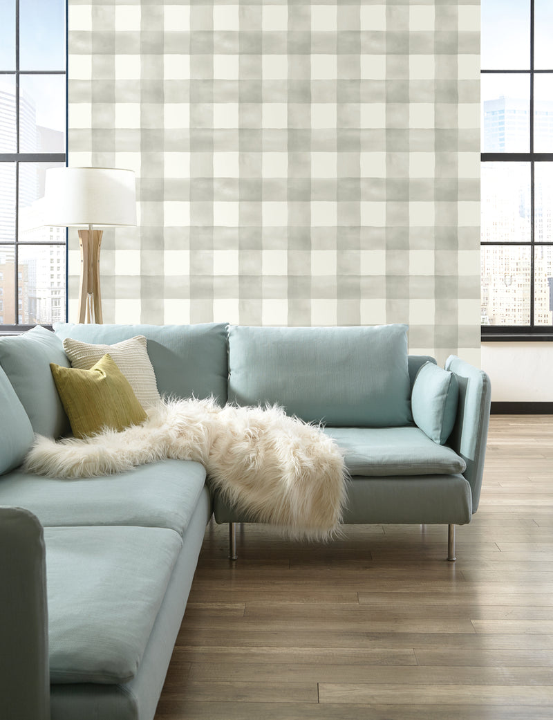 Magnolia Home Watercolor Buffalo Check Gray and White Plaid Wallpaper