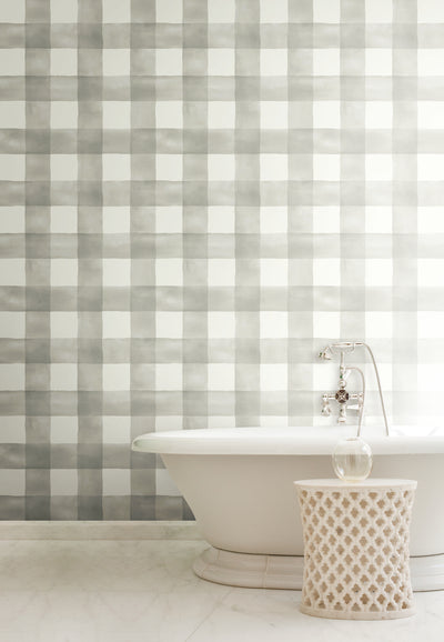 Magnolia Home Watercolor Buffalo Check Gray and White Plaid Wallpaper