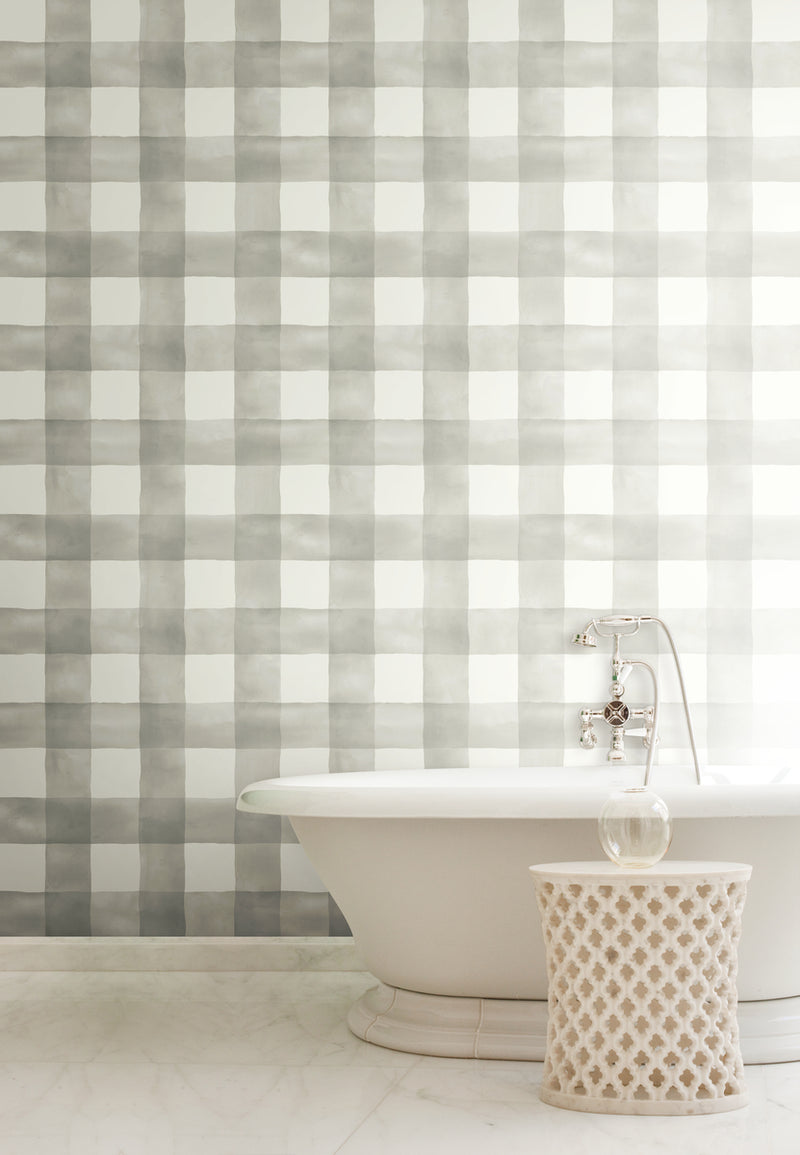 Magnolia Home Watercolor Buffalo Check Gray and White Plaid Wallpaper