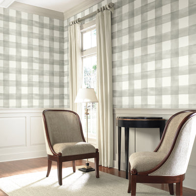 Magnolia Home Watercolor Buffalo Check Gray and White Plaid Wallpaper