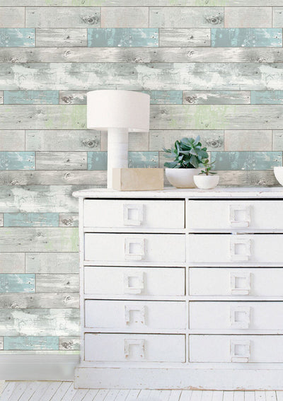 wallpaper distressed wood faux NU1647 blue green