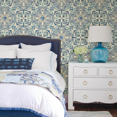 Blue Florentine Medallion Faux Tile Wallpaper