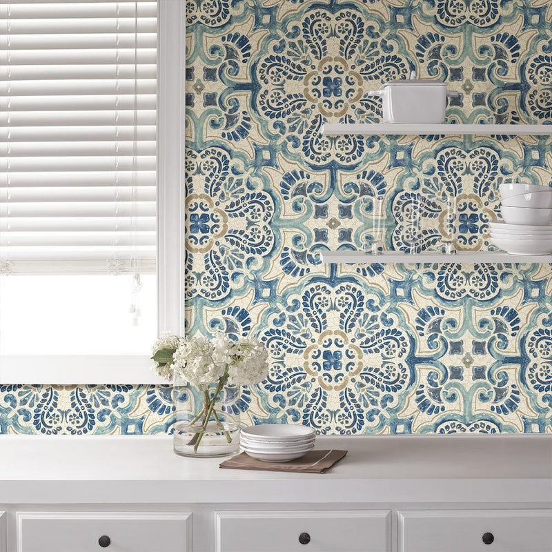 Blue Florentine Medallion Faux Tile Wallpaper