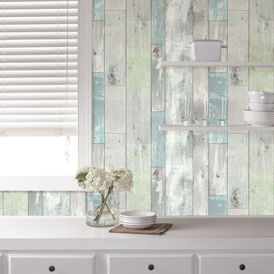 wallpaper distressed wood faux NU1647 blue green