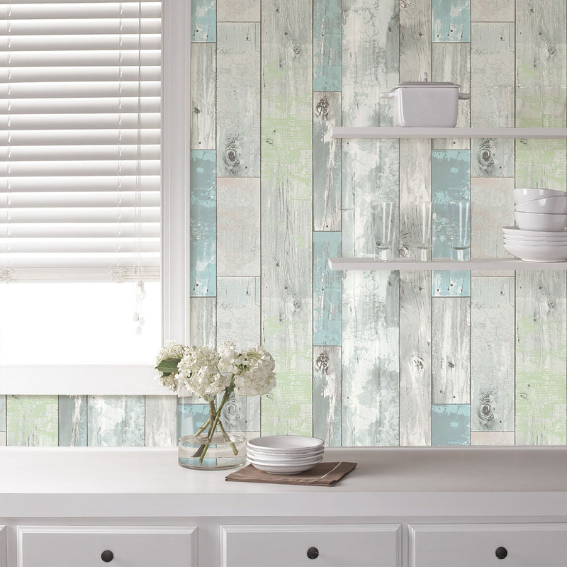 wallpaper distressed wood faux NU1647 blue green