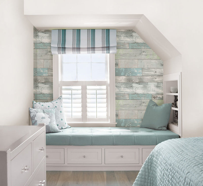 wallpaper distressed wood faux NU1647 blue green