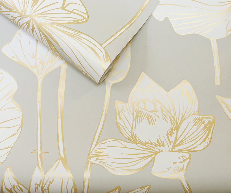 NextWall Peel and Stick Gold Lotus Flower Wallpaper NW33118