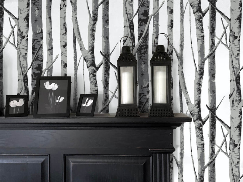 NextWall Peel and Stick Black and Gray Birch Trees Wallpaper