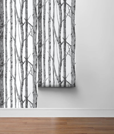 NextWall Peel and Stick Black and Gray Birch Trees Wallpaper