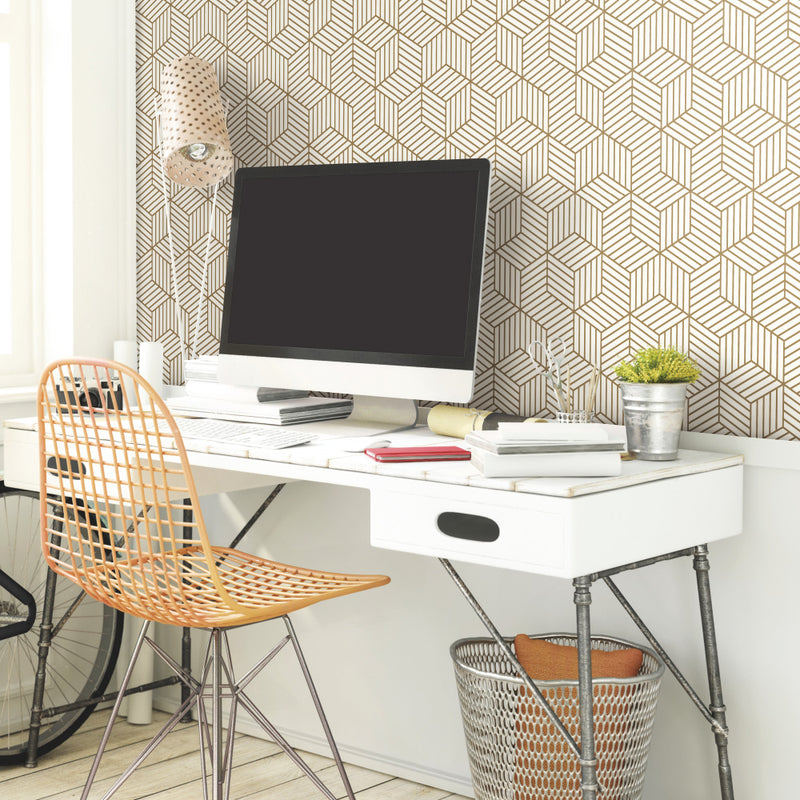 Geometric Gold Hexagon Peel and Stick Mid Century Modern Wallpaper