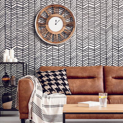 Cat Coquillette Black and White Herringbone Peel and Stick Wallpaper