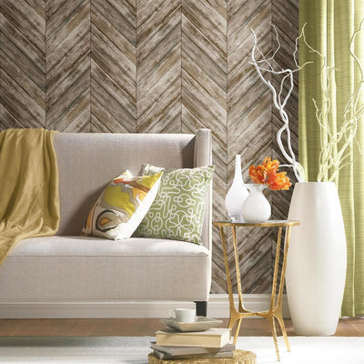 Brown Chevron Wood Boards Peel and Stick Wallpaper