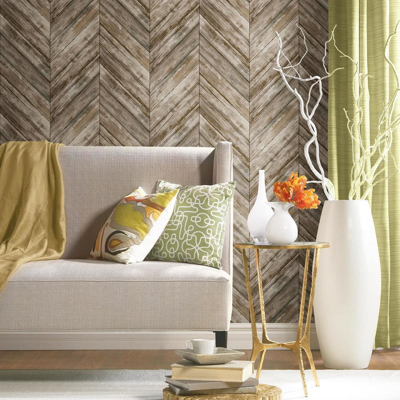 Brown Chevron Wood Boards Peel and Stick Wallpaper