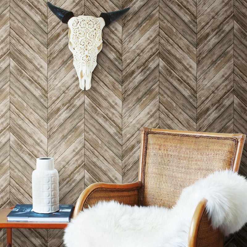 Brown Chevron Wood Boards Peel and Stick Wallpaper