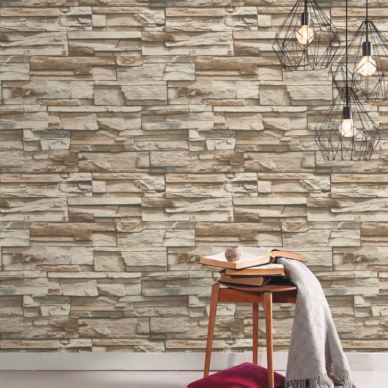 Rustic Lodge Stack Stone Brown 3D Peel and Stick Wallpaper