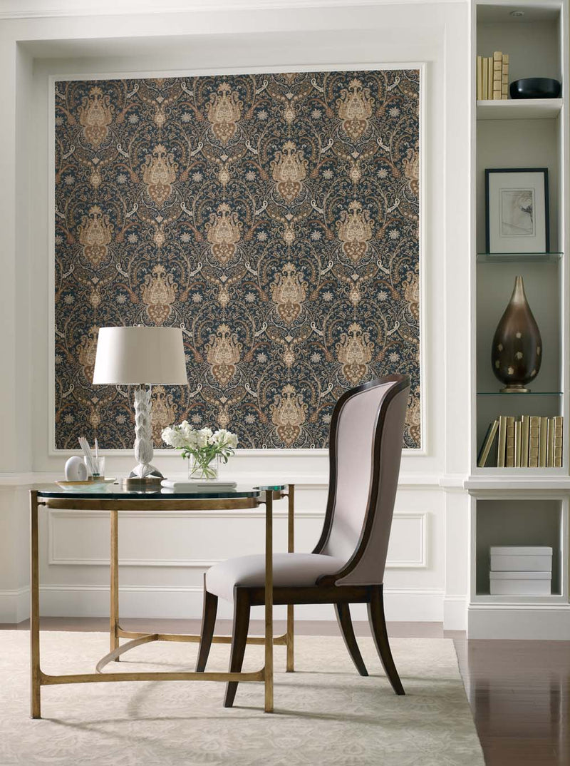 Waverly Byzance Copper and Black Damask Wallpaper