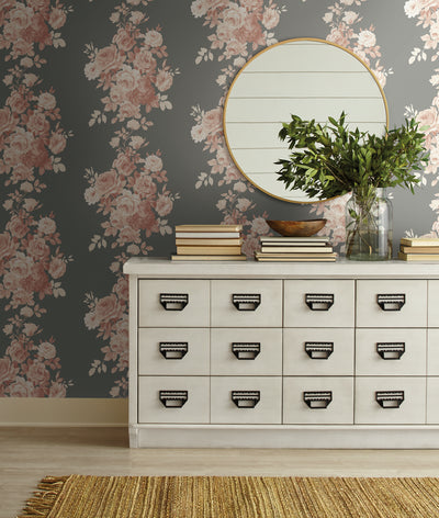 Magnolia Home Tea Rose Gray and Pink Floral Wallpaper