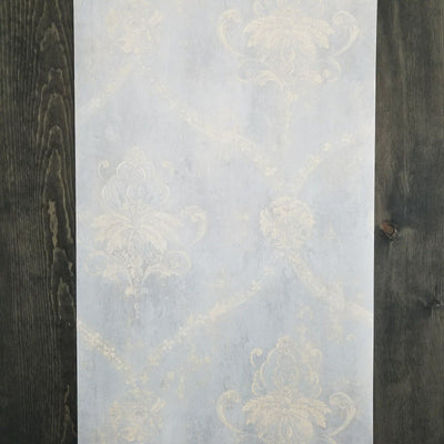 Blue & Cream Weathered Damask Wallpaper