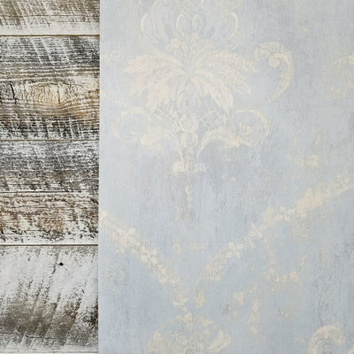 Blue & Cream Weathered Damask Wallpaper