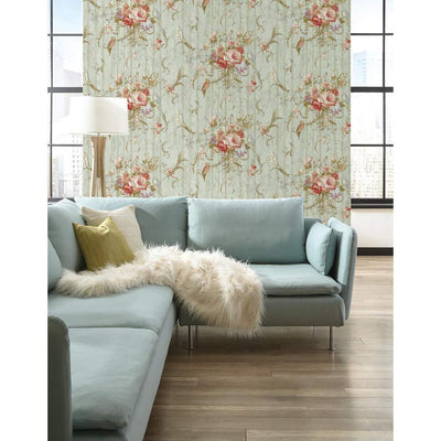 Blue Book Parrots Bird Rose French Cottage Wallpaper